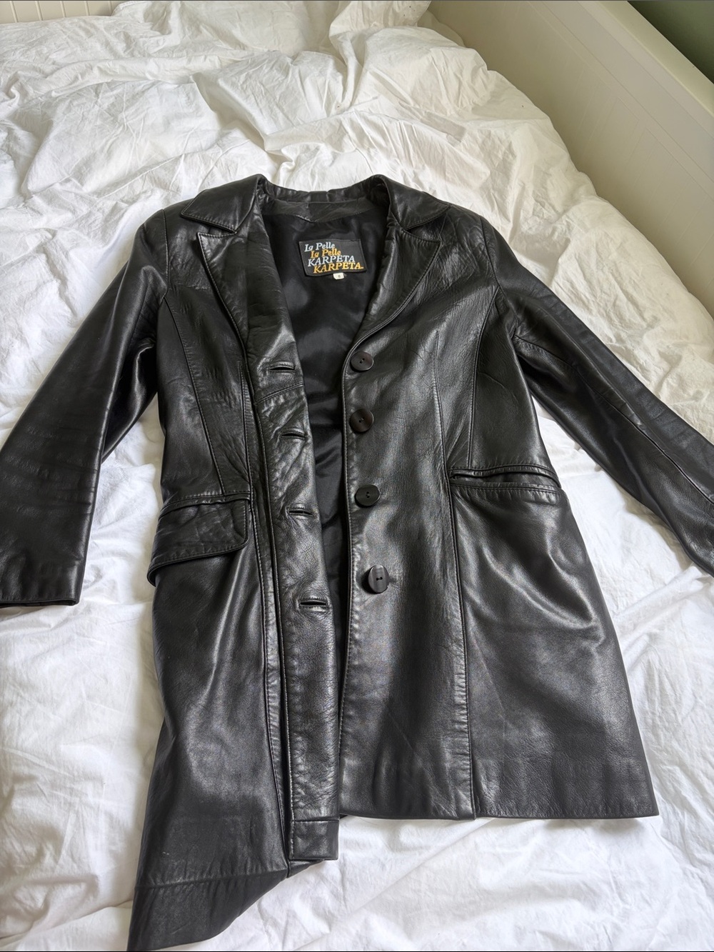 Vintage designer La pelle Karpeta Leather Button-Front Coat Jacket - Black